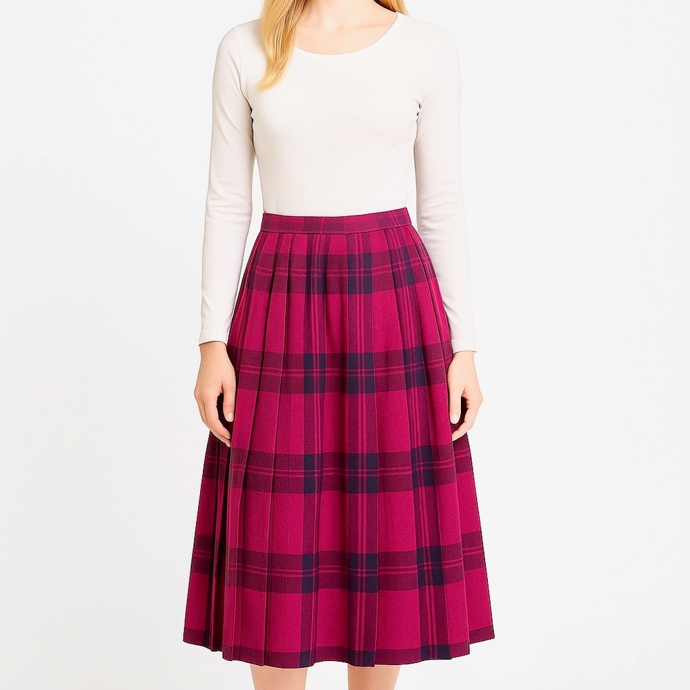 ❤️ Tracy Elliot 100% Wool Berry / Plum / Navy Pleated Skirt – Size 10